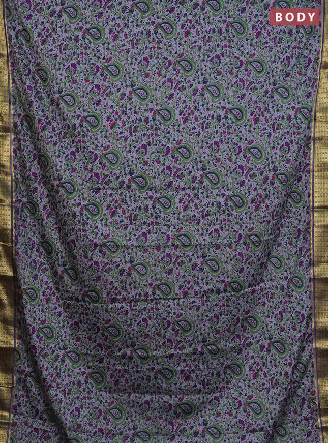 Semi mysore silk saree grey and navy blue with allover floral prints and zari woven border