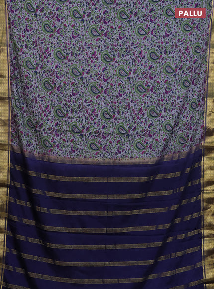 Semi mysore silk saree grey and navy blue with allover floral prints and zari woven border