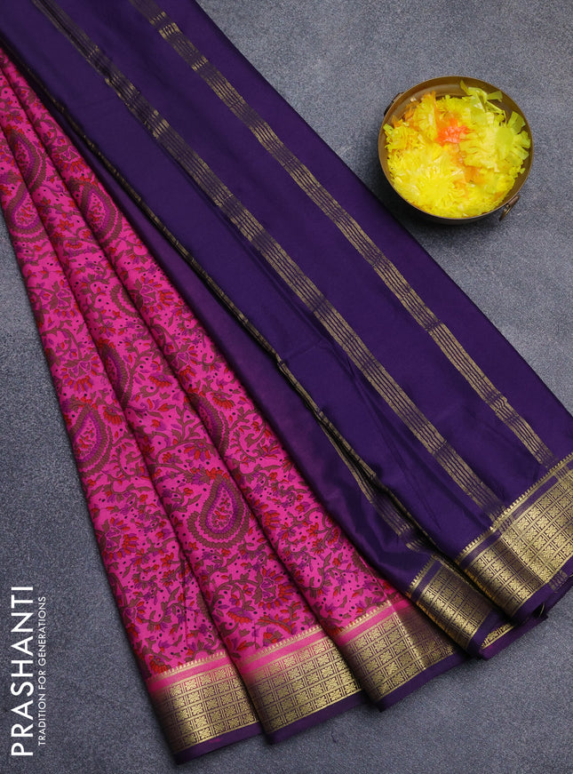 Semi mysore silk saree dark pink and purple with allover floral prints and zari woven border