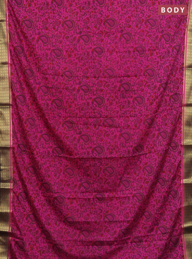 Semi mysore silk saree dark pink and purple with allover floral prints and zari woven border