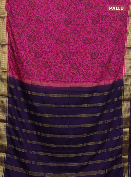 Semi mysore silk saree dark pink and purple with allover floral prints and zari woven border
