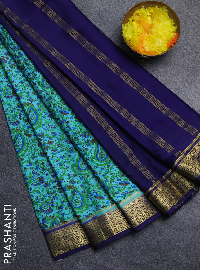 Semi mysore silk saree light blue and navy blue with allover floral prints and zari woven border