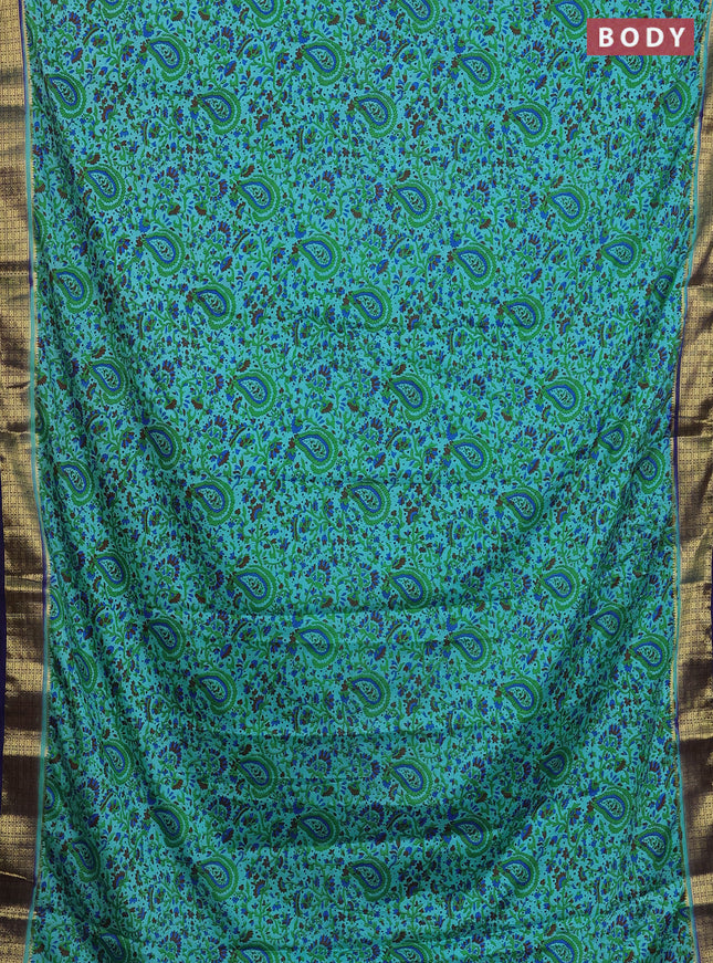 Semi mysore silk saree light blue and navy blue with allover floral prints and zari woven border