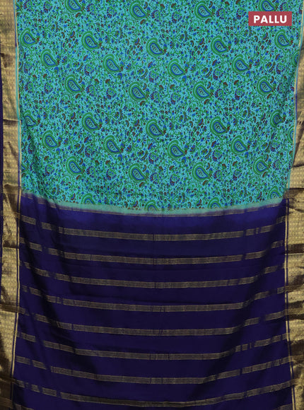 Semi mysore silk saree light blue and navy blue with allover floral prints and zari woven border
