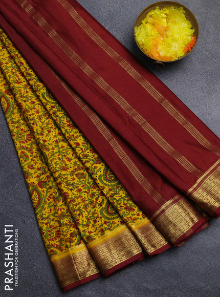 Semi mysore silk saree yellow and maroon with allover floral prints and zari woven border