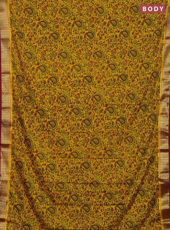 Semi mysore silk saree yellow and maroon with allover floral prints and zari woven border