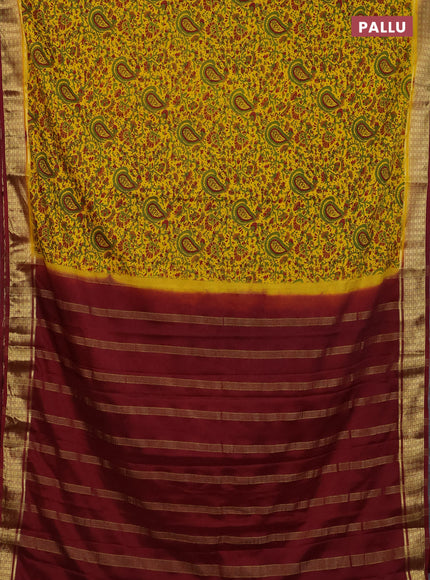 Semi mysore silk saree yellow and maroon with allover floral prints and zari woven border