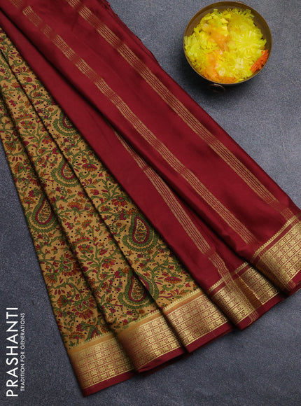 Semi mysore silk saree sandal and maroon with allover floral prints and zari woven border