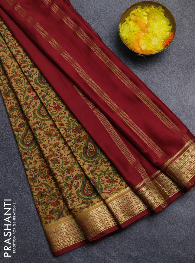 Semi mysore silk saree sandal and maroon with allover floral prints and zari woven border