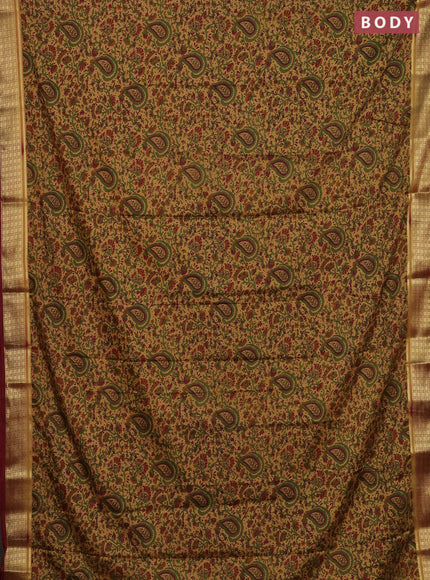 Semi mysore silk saree sandal and maroon with allover floral prints and zari woven border
