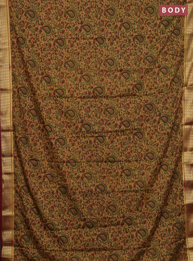 Semi mysore silk saree sandal and maroon with allover floral prints and zari woven border