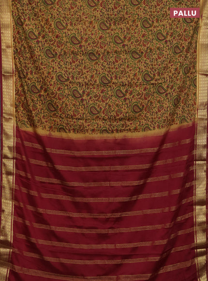 Semi mysore silk saree sandal and maroon with allover floral prints and zari woven border