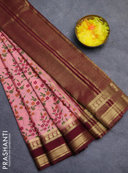 Semi mysore silk saree peach shade and maroon with allover floral prints and rettapet zari woven border