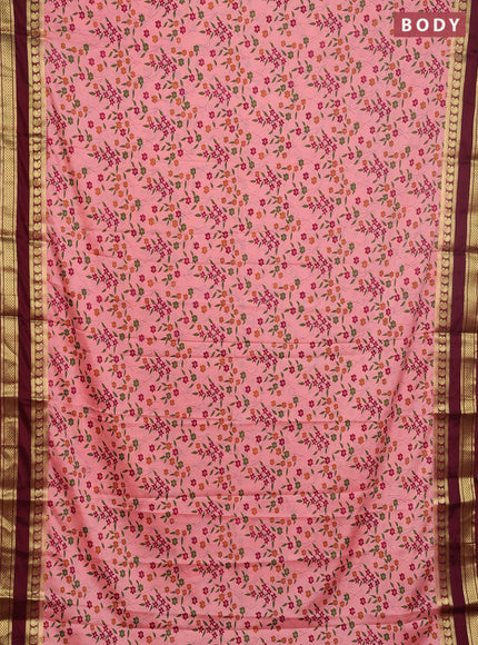 Semi mysore silk saree peach shade and maroon with allover floral prints and rettapet zari woven border