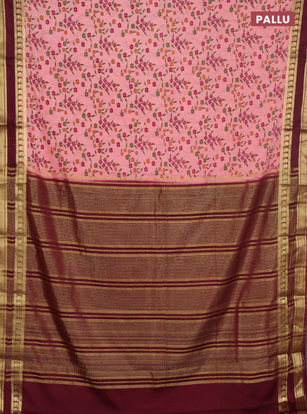 Semi mysore silk saree peach shade and maroon with allover floral prints and rettapet zari woven border