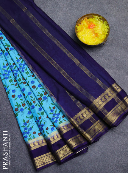 Semi mysore silk saree cs blue and violet with allover floral prints and rettapet zari woven border
