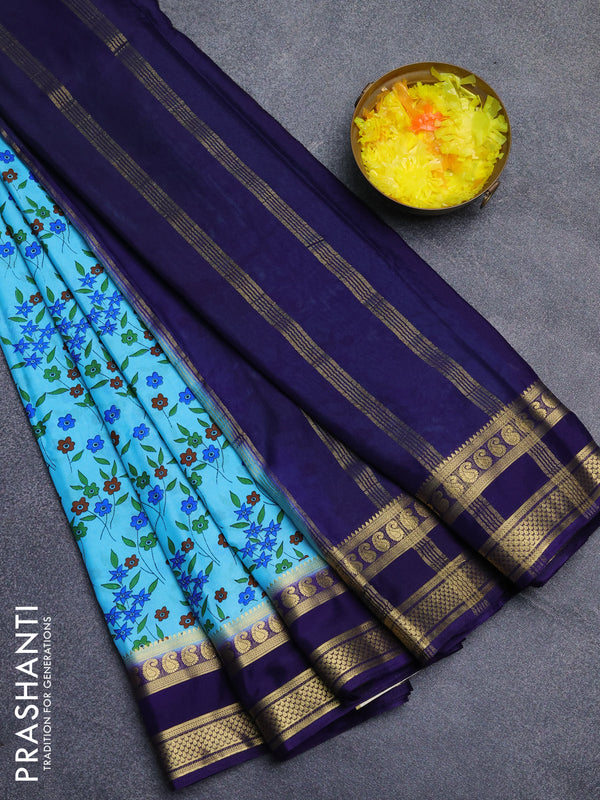 Semi mysore silk saree cs blue and violet with allover floral prints and rettapet zari woven border
