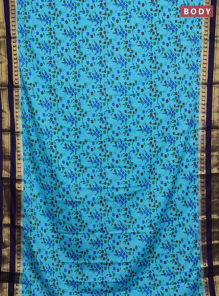 Semi mysore silk saree cs blue and violet with allover floral prints and rettapet zari woven border