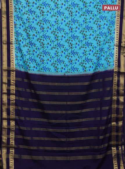Semi mysore silk saree cs blue and violet with allover floral prints and rettapet zari woven border