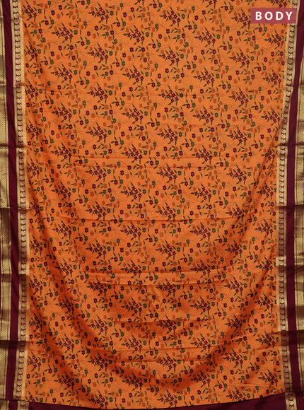 Semi mysore silk saree peach orange and wine shade with allover floral prints and rettapet zari woven border