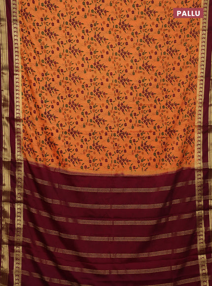 Semi mysore silk saree peach orange and wine shade with allover floral prints and rettapet zari woven border