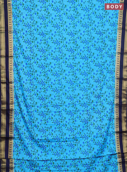 Semi mysore silk saree cs blue and navy blue with allover floral prints and rettapet zari woven border