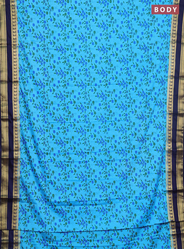 Semi mysore silk saree cs blue and navy blue with allover floral prints and rettapet zari woven border