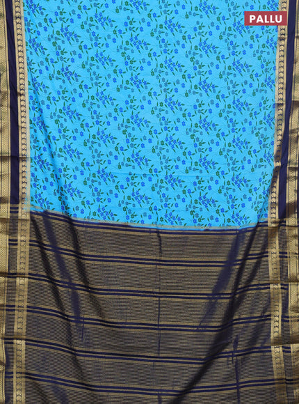 Semi mysore silk saree cs blue and navy blue with allover floral prints and rettapet zari woven border