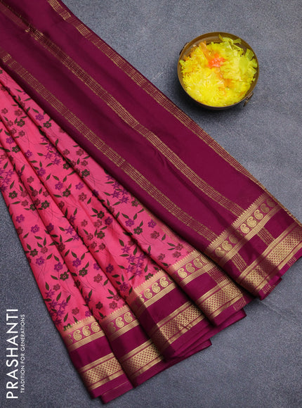 Semi mysore silk saree peach pink and wine shade with allover floral prints and rettapet zari woven border