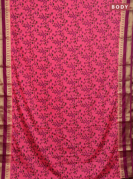 Semi mysore silk saree peach pink and wine shade with allover floral prints and rettapet zari woven border