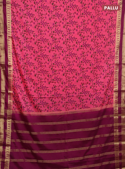 Semi mysore silk saree peach pink and wine shade with allover floral prints and rettapet zari woven border