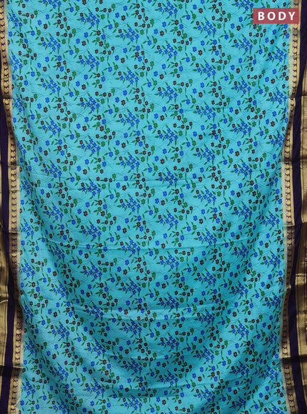 Semi mysore silk saree light blue and navy blue with allover floral prints and rettapet zari woven border