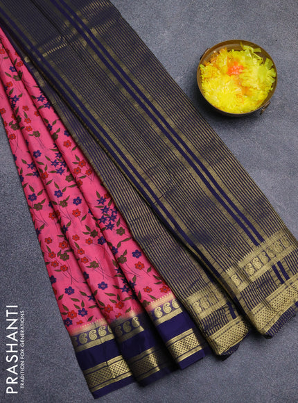 Semi mysore silk saree peach pink and navy blue with allover floral prints and rettapet zari woven border