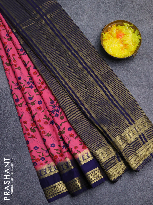 Semi mysore silk saree peach pink and navy blue with allover floral prints and rettapet zari woven border