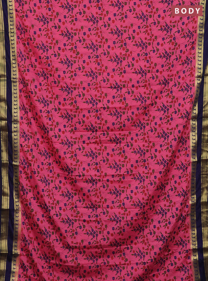 Semi mysore silk saree peach pink and navy blue with allover floral prints and rettapet zari woven border