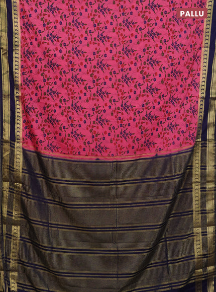 Semi mysore silk saree peach pink and navy blue with allover floral prints and rettapet zari woven border
