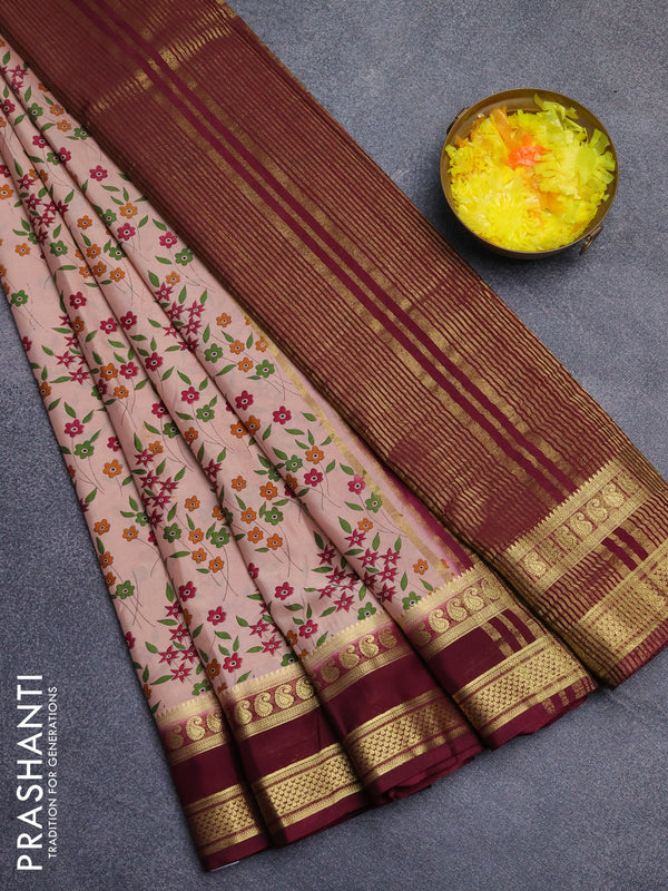 Semi mysore silk saree beige and maroon with allover floral prints and rettapet zari woven border