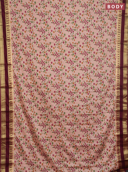 Semi mysore silk saree beige and maroon with allover floral prints and rettapet zari woven border