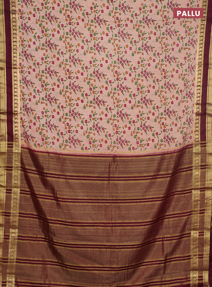 Semi mysore silk saree beige and maroon with allover floral prints and rettapet zari woven border