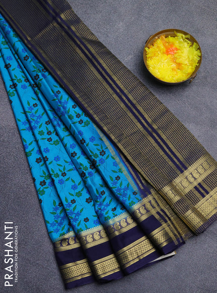Semi mysore silk saree teal blue and navy blue with allover floral prints and rettapet zari woven border