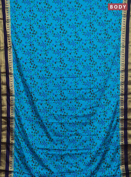 Semi mysore silk saree teal blue and navy blue with allover floral prints and rettapet zari woven border