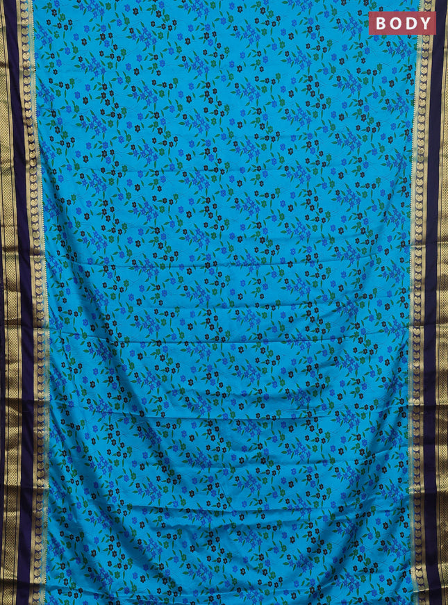Semi mysore silk saree teal blue and navy blue with allover floral prints and rettapet zari woven border