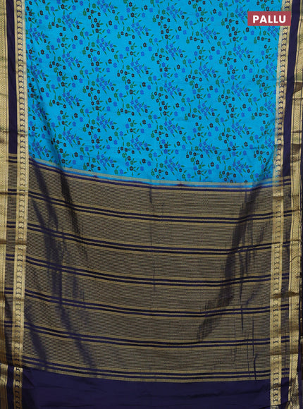 Semi mysore silk saree teal blue and navy blue with allover floral prints and rettapet zari woven border