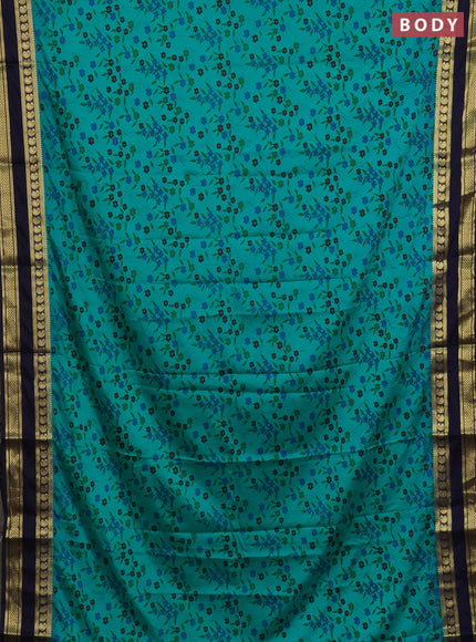 Semi mysore silk saree teal green and navy blue with allover floral prints and rettapet zari woven border