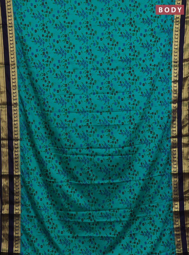 Semi mysore silk saree teal green and navy blue with allover floral prints and rettapet zari woven border