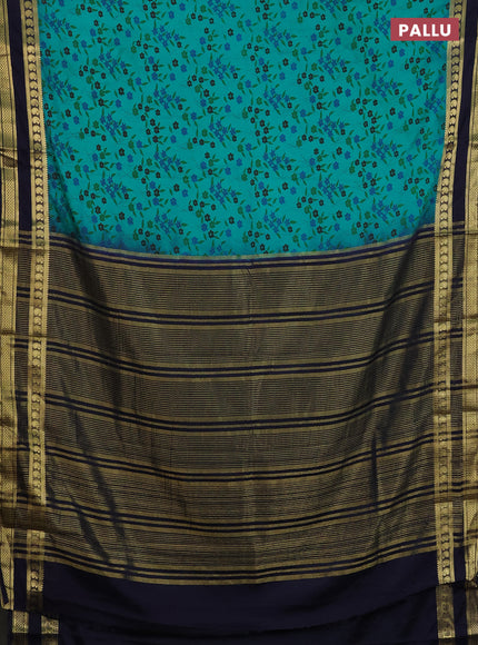 Semi mysore silk saree teal green and navy blue with allover floral prints and rettapet zari woven border