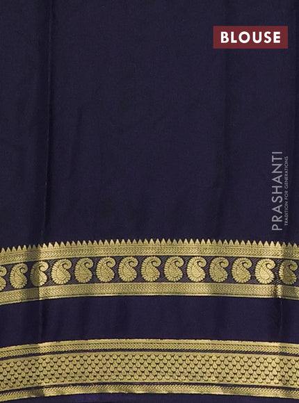 Semi mysore silk saree teal green and navy blue with allover floral prints and rettapet zari woven border