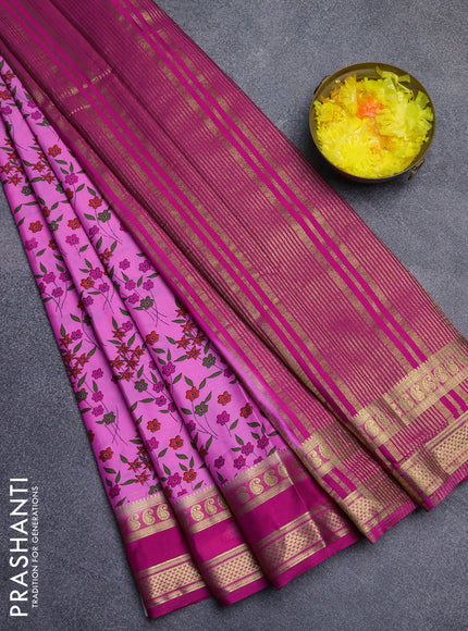 Semi mysore silk saree light pink and pink with allover floral prints and rettapet zari woven border