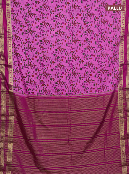 Semi mysore silk saree light pink and pink with allover floral prints and rettapet zari woven border