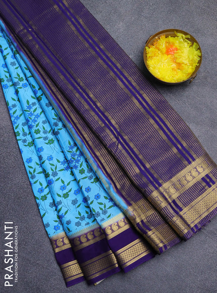 Semi mysore silk saree cs blue and violet with allover floral prints and rettapet zari woven border